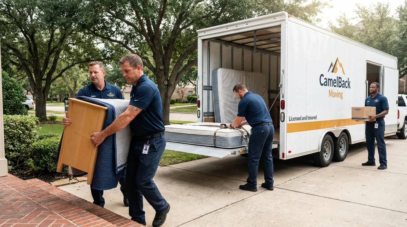 Crew loading residential truck for cross-state move from New Richmond, WI