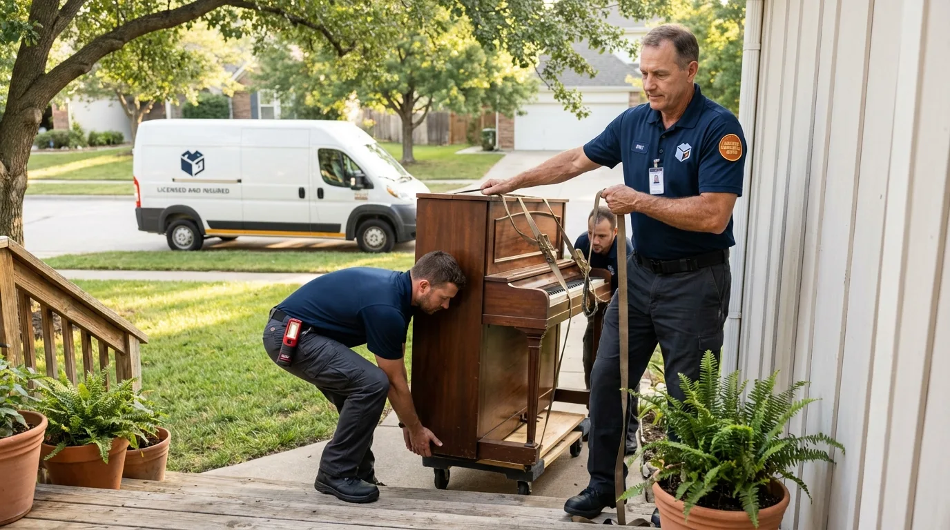Licensed piano movers securing grand piano in New Richmond, WI