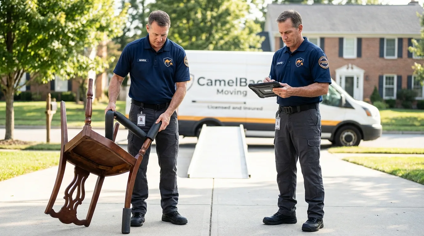 Movers inspecting furniture for damage prevention before loading in New Richmond, WI