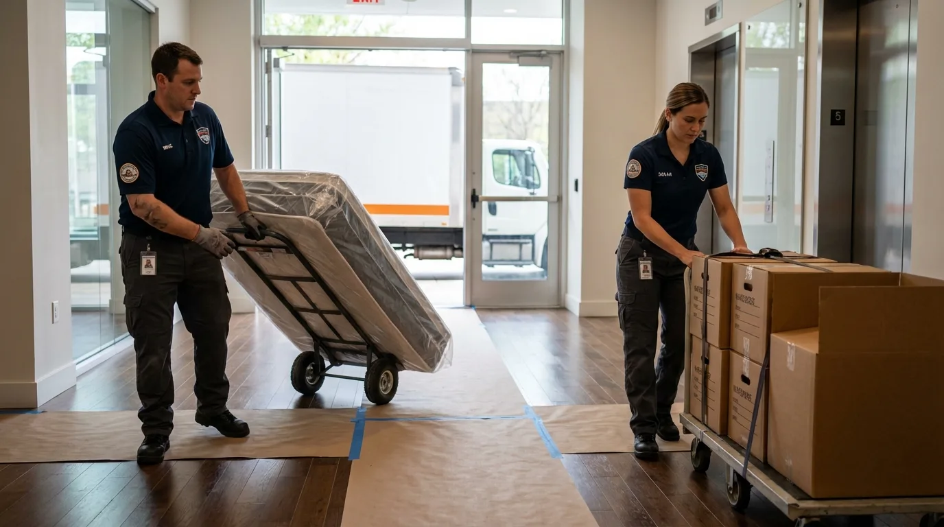 Professional apartment movers loading elevator in New Richmond, WI