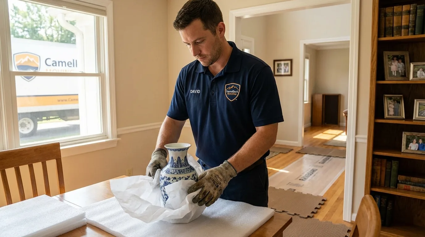 Professional crew carefully wrapping antique vase for senior downsizing move in New Richmond, WI